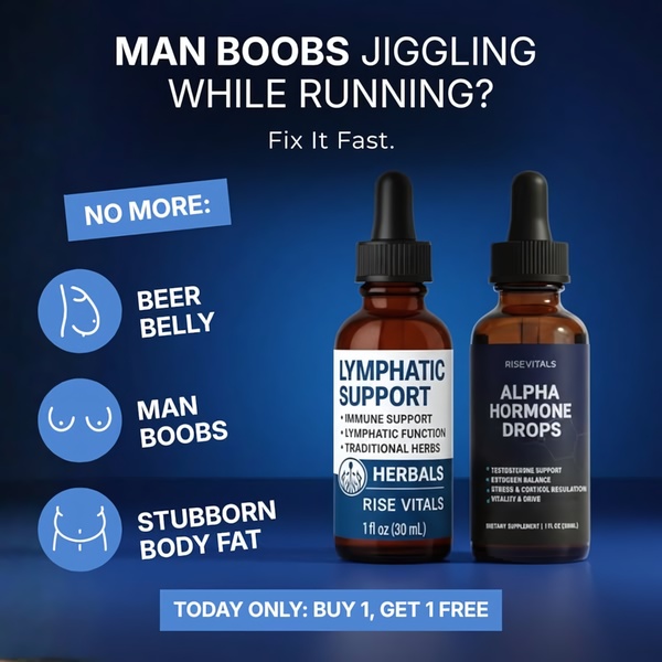 A direct-response static advertisement for hormone drops, focusing on the specific physical insecurity of 'man boobs' to drive immediate interest.